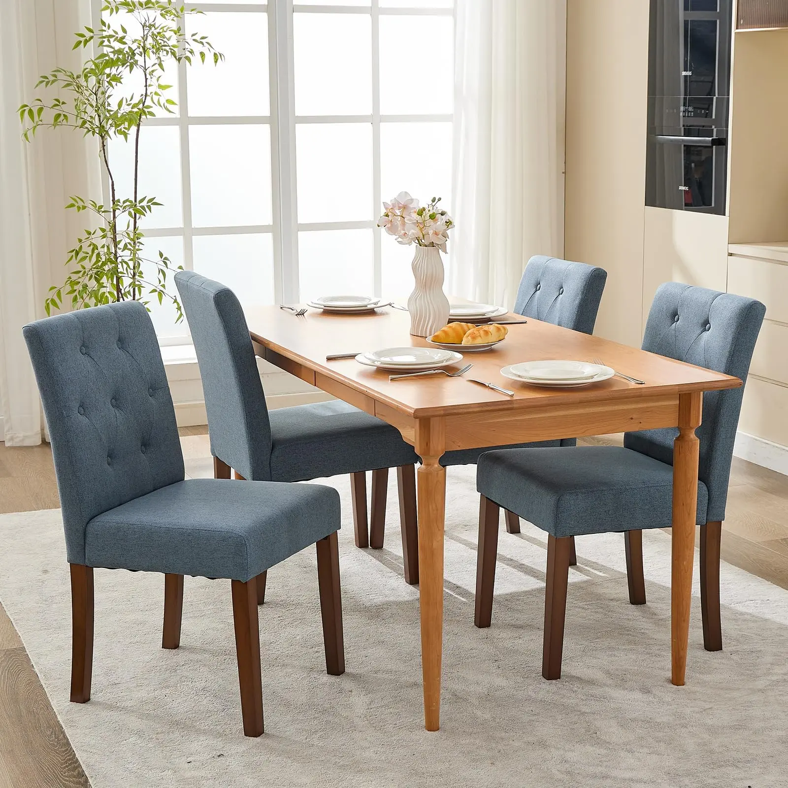 Parsons Dining Chairs Set of 4, Navy Blue Linen Upholstered High Back with Button Tufting & Wood Legs – Comfortable for Kitchen, Dining Room, Restaurant, Cafe – Navy