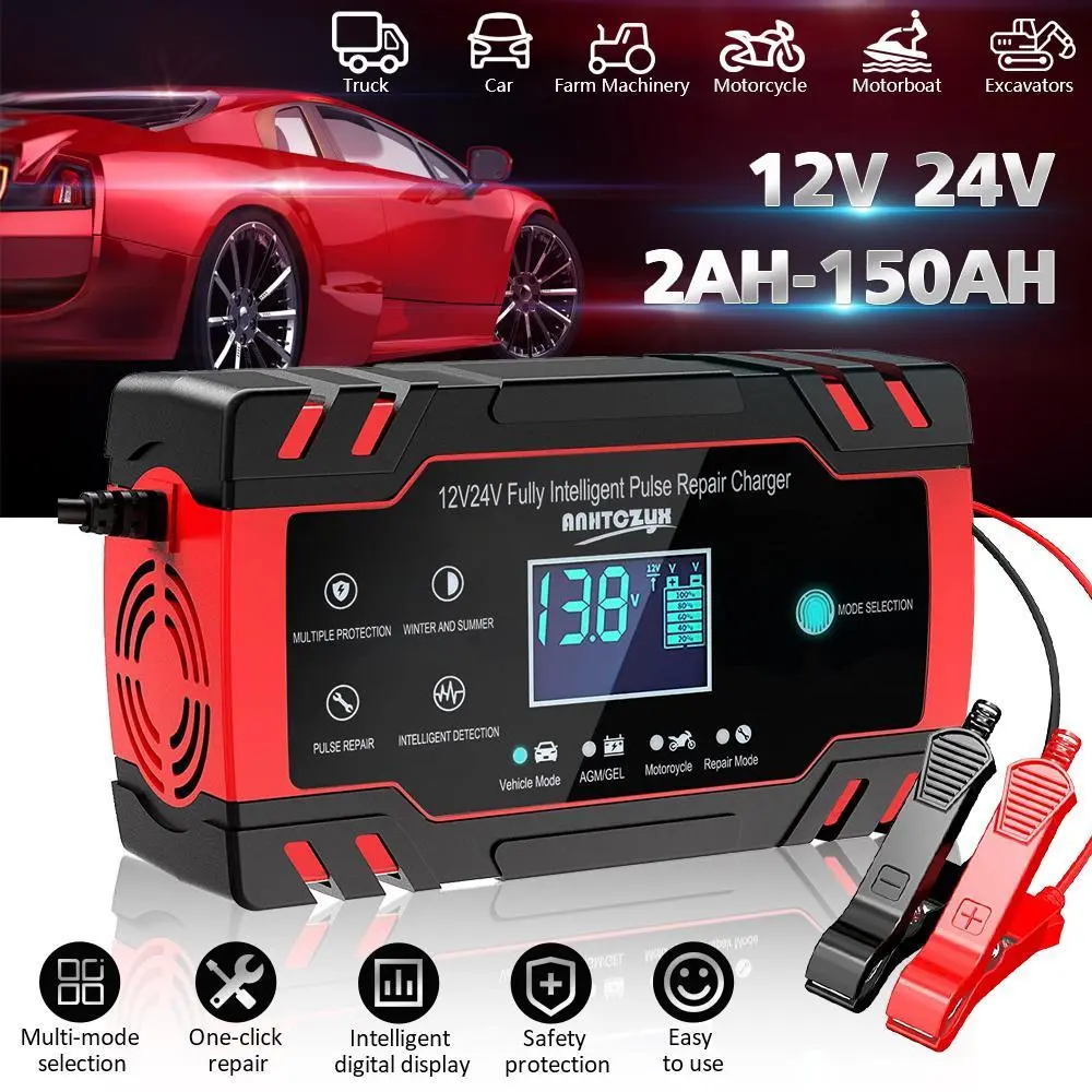 【SUMMER SALE】Battery Charger 8 Amp 12V and 24V Smart Automatic Car Battery Charger with LCD Screen Pulse Repair Charger Pack Battery Maintainer for Car, Lawn Mower, Motorcycle, Boat, SUV and More