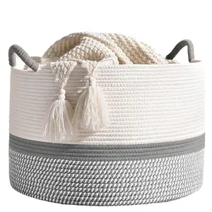 Large Blanket Basket (20"x13"),Woven Baskets for storage Baby Laundry Hamper, Cotton Rope Blanket Basket for Living Room, Laundry, Nursery, Pillows, Baby Toy chest-grey