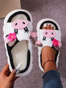Cute Cow Print Flax Slippers for Women, Non-Slip Indoor House Shoes, Summer and Fall Comfortable Wear, Soft and Absorbent Rubber Sole, Smile Face Slippers