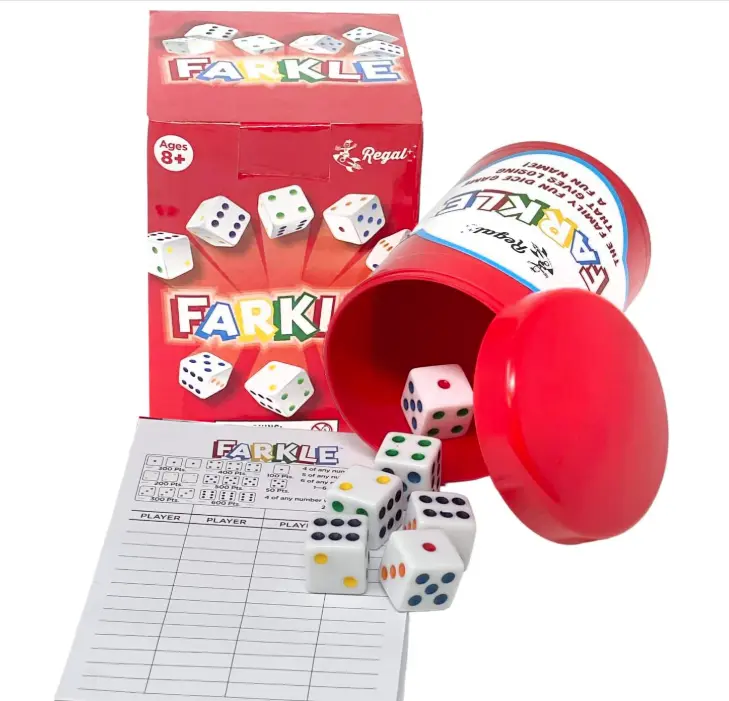 Regal Games - Farkle Classic Dice Game w/ 6 Colored Dice, 1 Convenient Dice Cup for Easy Shaking, and 25 Score Sheets - Fun Family Game for Travel, Camp, and More - Ideal for 2-4 Players (Ages 12+)
