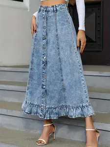Women's Button Front Denim Skirt, Fashion Casual Ruffle Hem Long Denim Skirt for Daily Outdoor Wear, Ladies Bottoms for Summer, Egirl Skirts