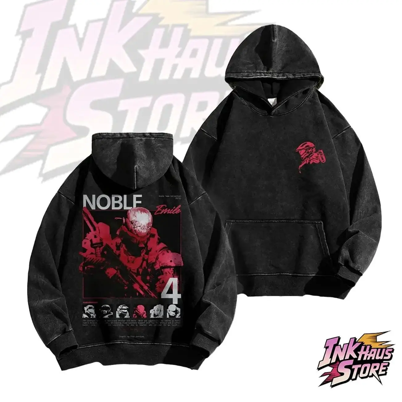 *Noble Team* design from the Halo series of games, specifically Spartan Emile-A239 (Noble 4)--Long Sleeve Cotton Unisex Vintage Hoodie L51