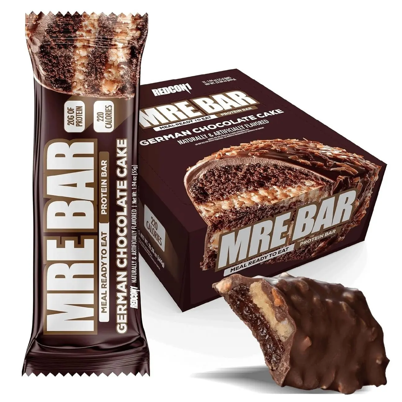REDCON1 MRE Protein Bars German Chocolate Cake - 12 Count, 20g High Protein Snack - Nutrition Bar - On-The-Go Breakfast or Post-Workout Snack