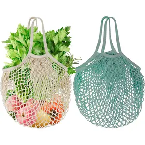 2-Pack Reusable Mesh Grocery Bags, 100% Cotton String, Long Handle Produce Bags for Fruit & Veggie Storage