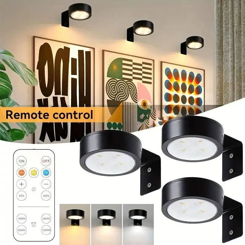 3pcs wall mounted magnetic display light, Indoor decorative light, Interior Led Lights, 3 colors adjustable home decoration puck light, LED under cabinet light, remote control, Dimmable lighting, for office display cabinet decoration