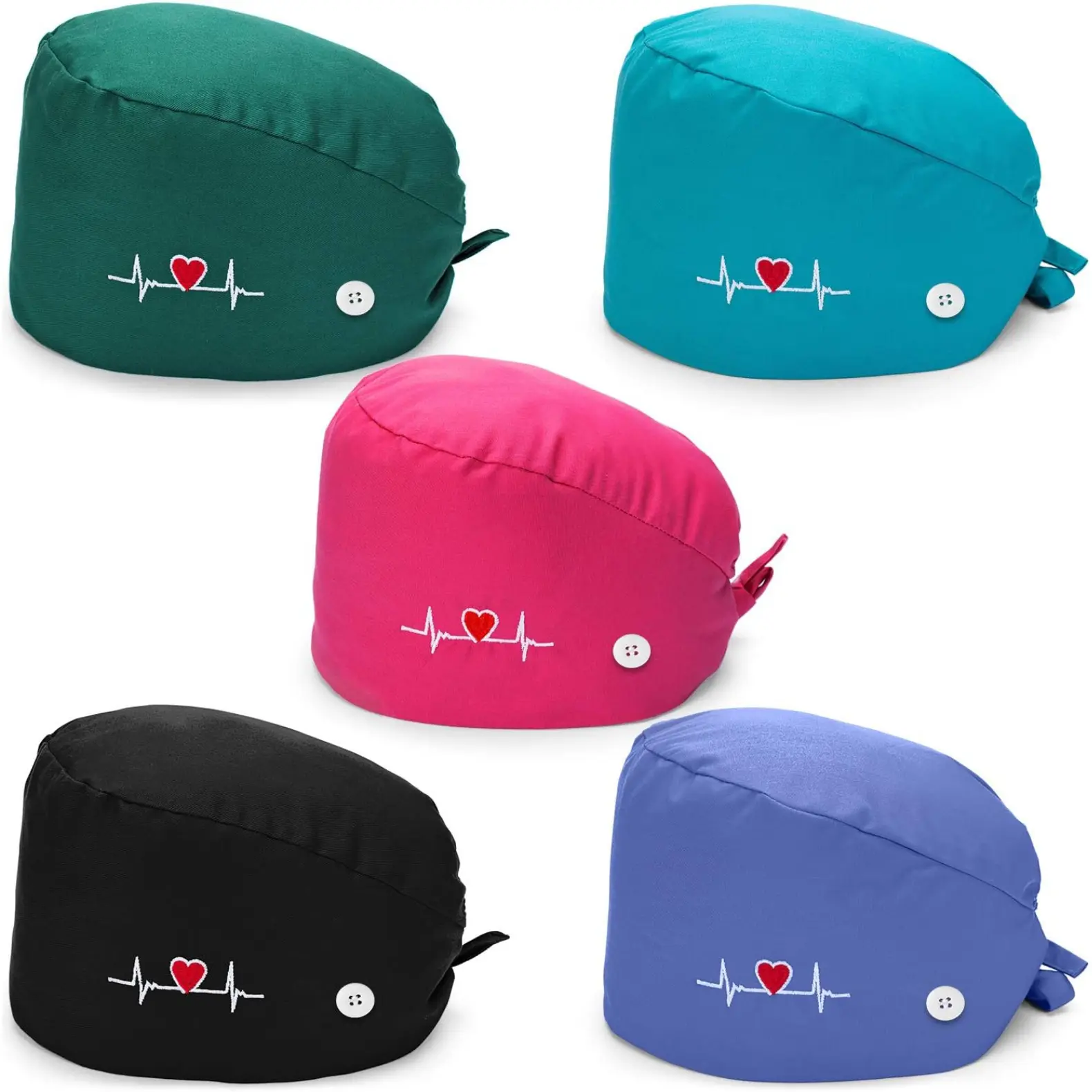 5-Pack Bouffant Scrub Caps, Breathable Cotton Unisex Work Hats with Buttons and Sweatband, Reusable with Adjustable Drawstring, Elastic Bands, All Seasons, Unisex One Size