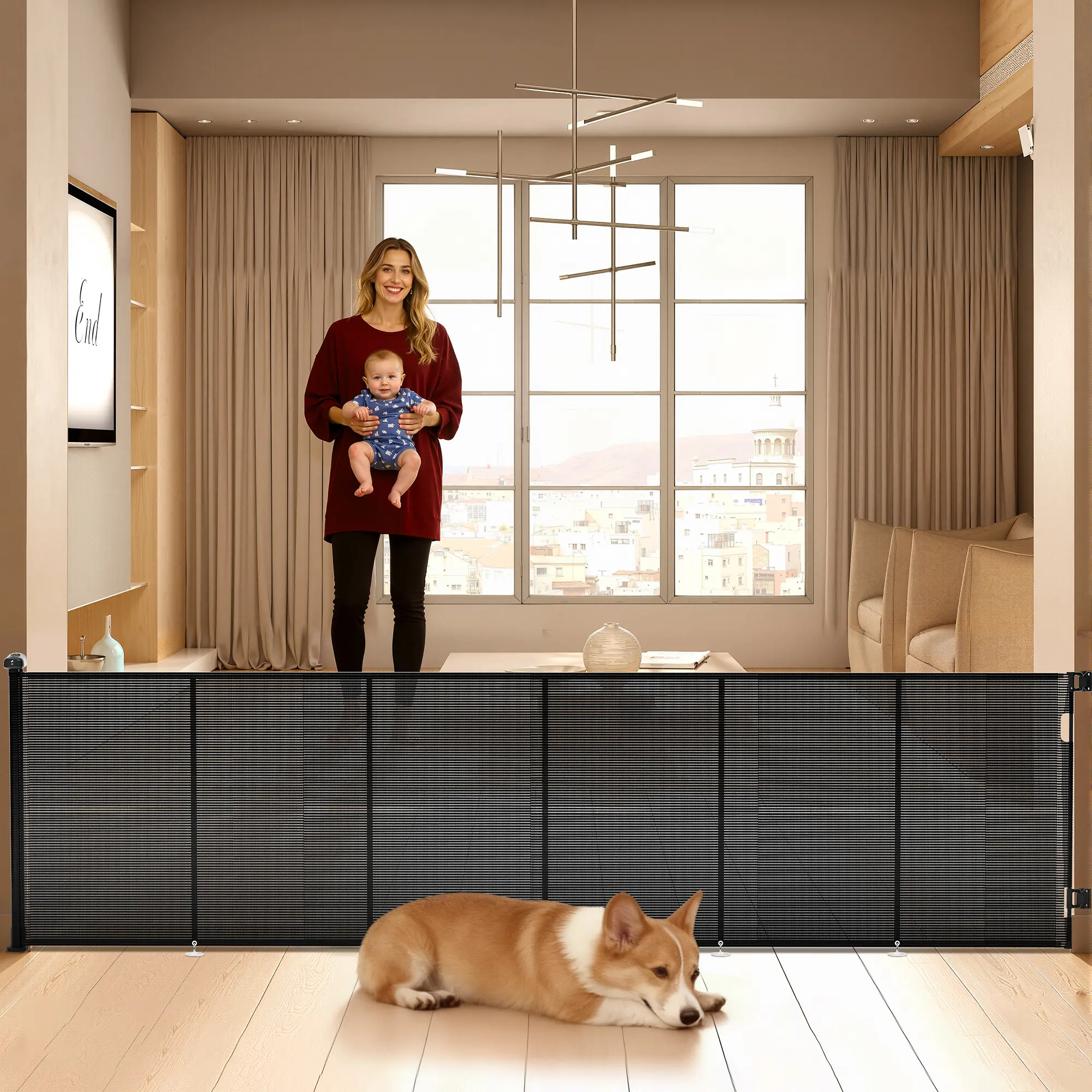 42" Tall X 150" Wide Mesh Dog Gate Indoor, Retractable Baby Gate for Stairs, Child Gate for Doorways, Hallways, Deck, Indoor Outdoor Pet Baby Safety Essentials for Home, White/Black/Gray, (Drill Needed)