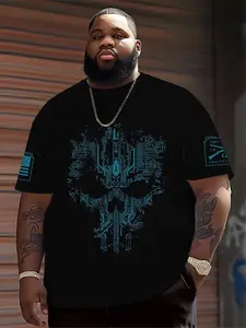 Men's Printed Graphic Geometric Fitted Streetwear T-Shirt, Large Grunt Style Circuit Skull Design, 100% Polyester Fabric, Casual Wear, Plus Size, Short Sleeve, All Seasons, Menswear
