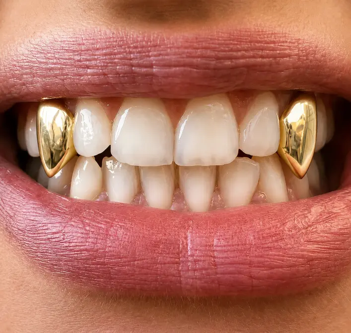 14K Gold Plated Teeth Vampire Fangs 2pc Grillz Set