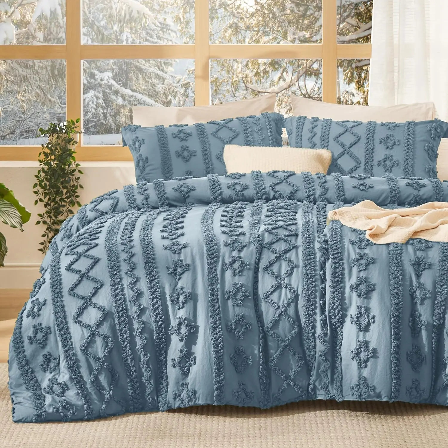 Grayish Blue Tufted Boho Farmhouse Queen Comforter - Microfiber Bedding Quilt, Lightweight Bedspread, Farmhouse Style Duvet Cover Set Element, Soft Bedding Set, Embroidery Design, Gift for Women, Boho Farmhouse Bedding