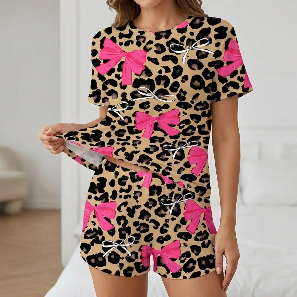 Women's 2-Piece Cute Leopard Print Knitted Pajama Set - Short-Sleeve Bow Decor Top, Elastic-Waist Above-Knee Pants, Soft Casual Spring Sleepwear & Loungewear for Ladies
