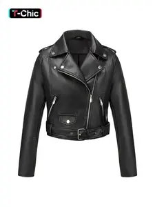 Women's Lady Spring Jacket Vintage Street Fashion Outerwear PU Coat, Fall Winter Basic Casual Long Sleeve Faux Leather Stand Collar Zipper Short Fitted Motorcycle Jacket with Belt