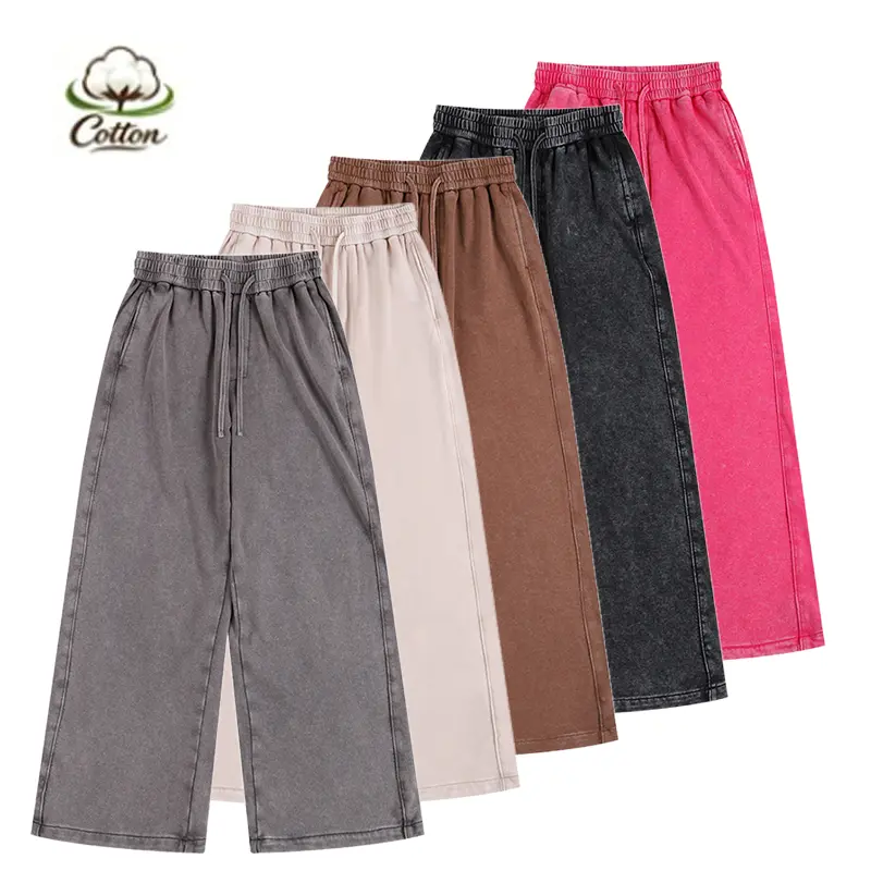 Men’s vintage black acid-wash distressed wide-leg sweatpants with an elastic drawstring waist and adjustable cuffs; two ways to wear—loose Y2K street-style cuffed long pants. Baggy Loose Fit