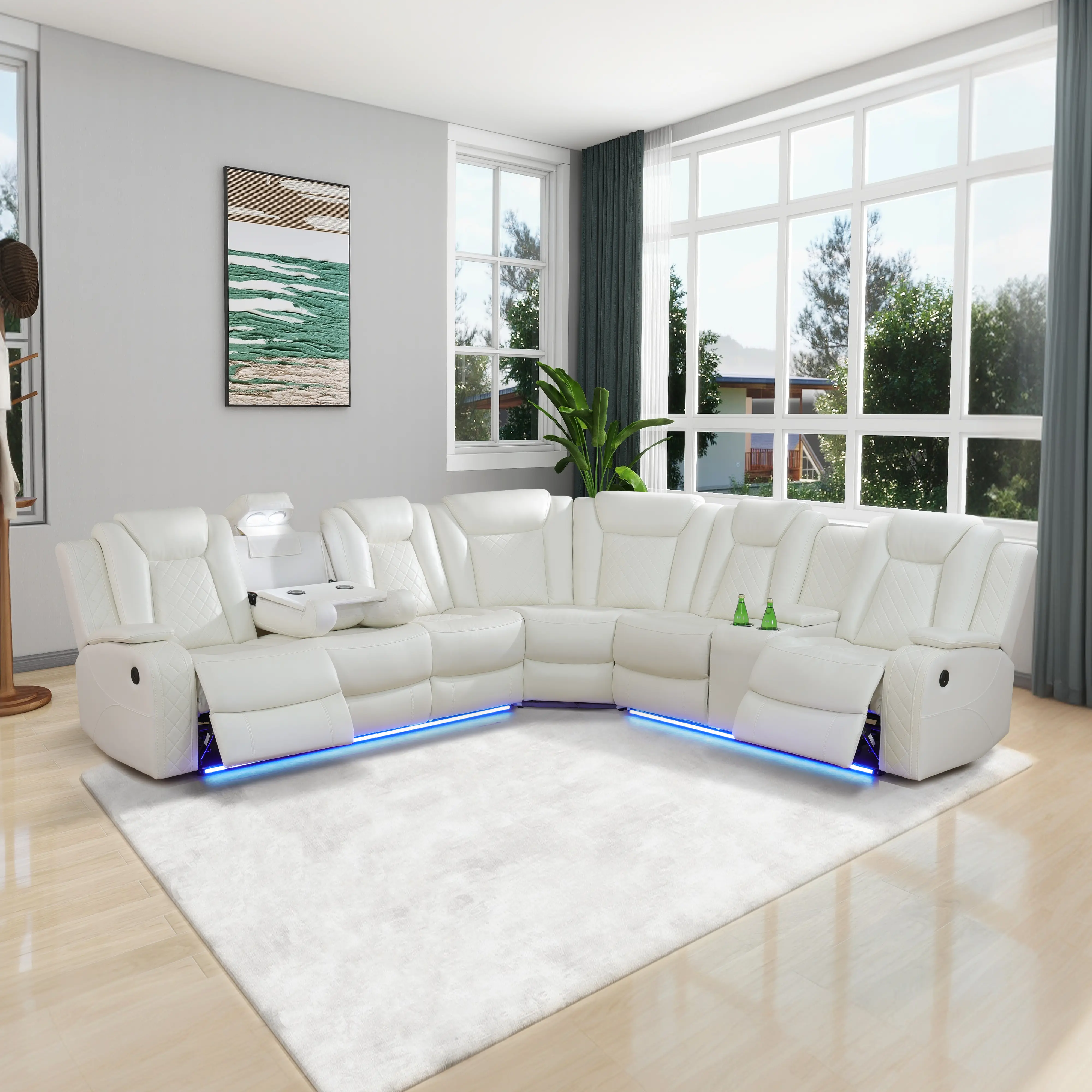 Modern Sofas Set - Reclining Sofa Set, White Breathable Faux Leather 3-Seat Smart Multi-Function Indoor Living Room Furniture with Fixed Arms, Assembly Required for Apartment & House, Sturdy