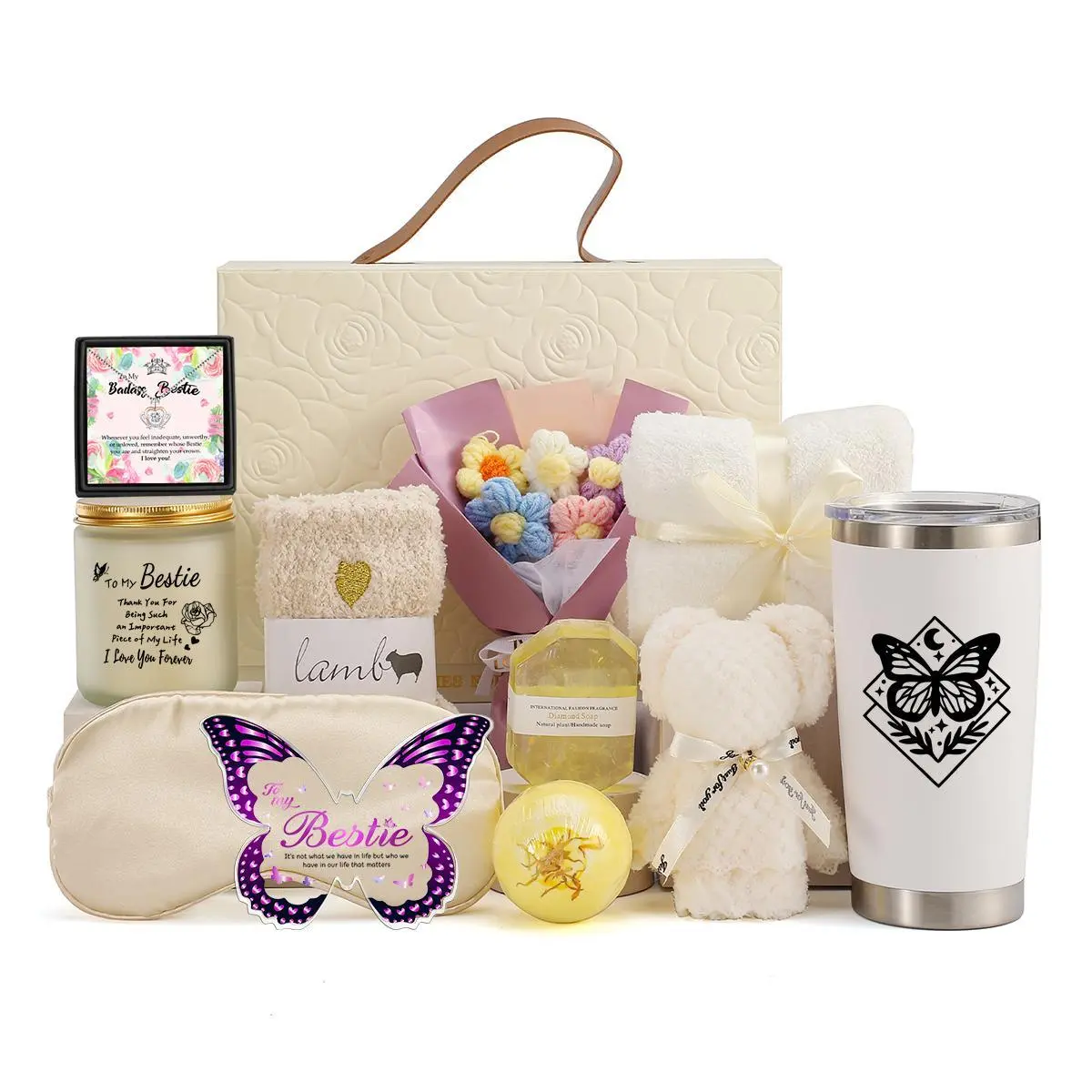 Butterfly Themed Gift Box, Gift Bag with Tumbler & Bear Handkerchief & Soap & Candle & More, Gift for Bestie, Birthday Gift