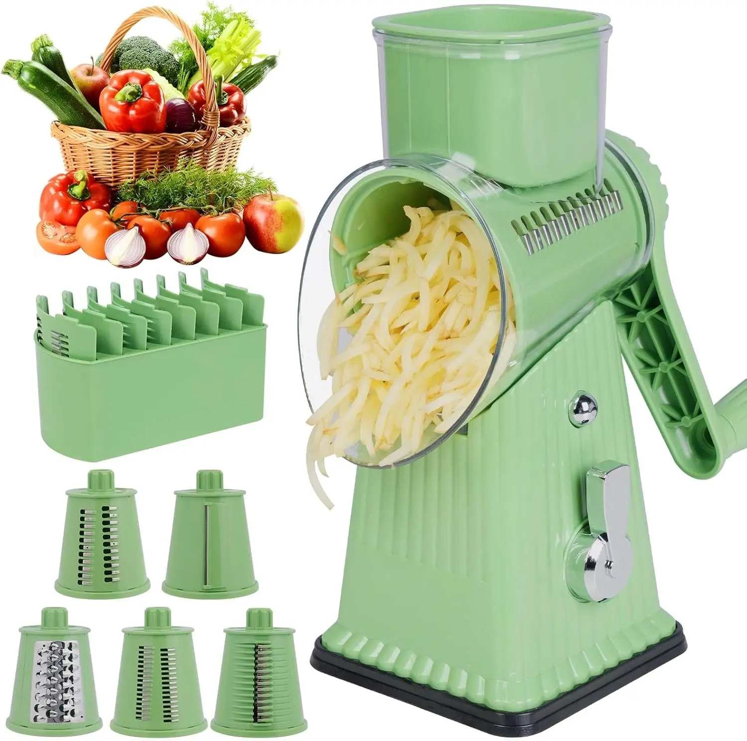 5-Blade Rotary Cheese Grater Manual Vegetable Slicer Shredder Kitchen Cutter with Stainless Steel Blades for Cheese Potato Carrot Cucumber Salad, Easy Hand Crank Vegetable Chopper Kitchen Tool