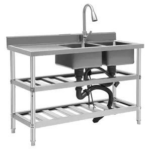 Commercial Restaurant Sink Stainless Steel 3 Tier Double Basin Heavy Duty Commercial Grade for Kitchen Cafe Bakery Food Truck great value