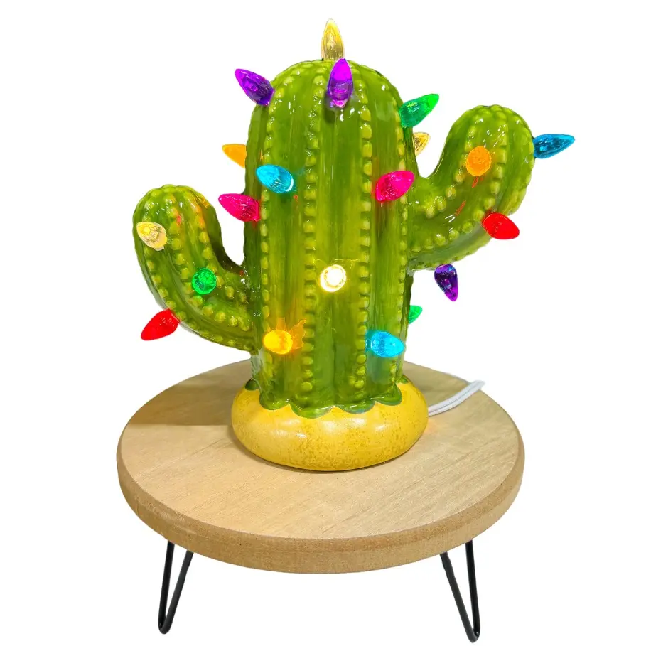 Brush Strokes Pottery Small Lighted Ceramic Cactus Tree  - decorative home decor vintage Christmas trees