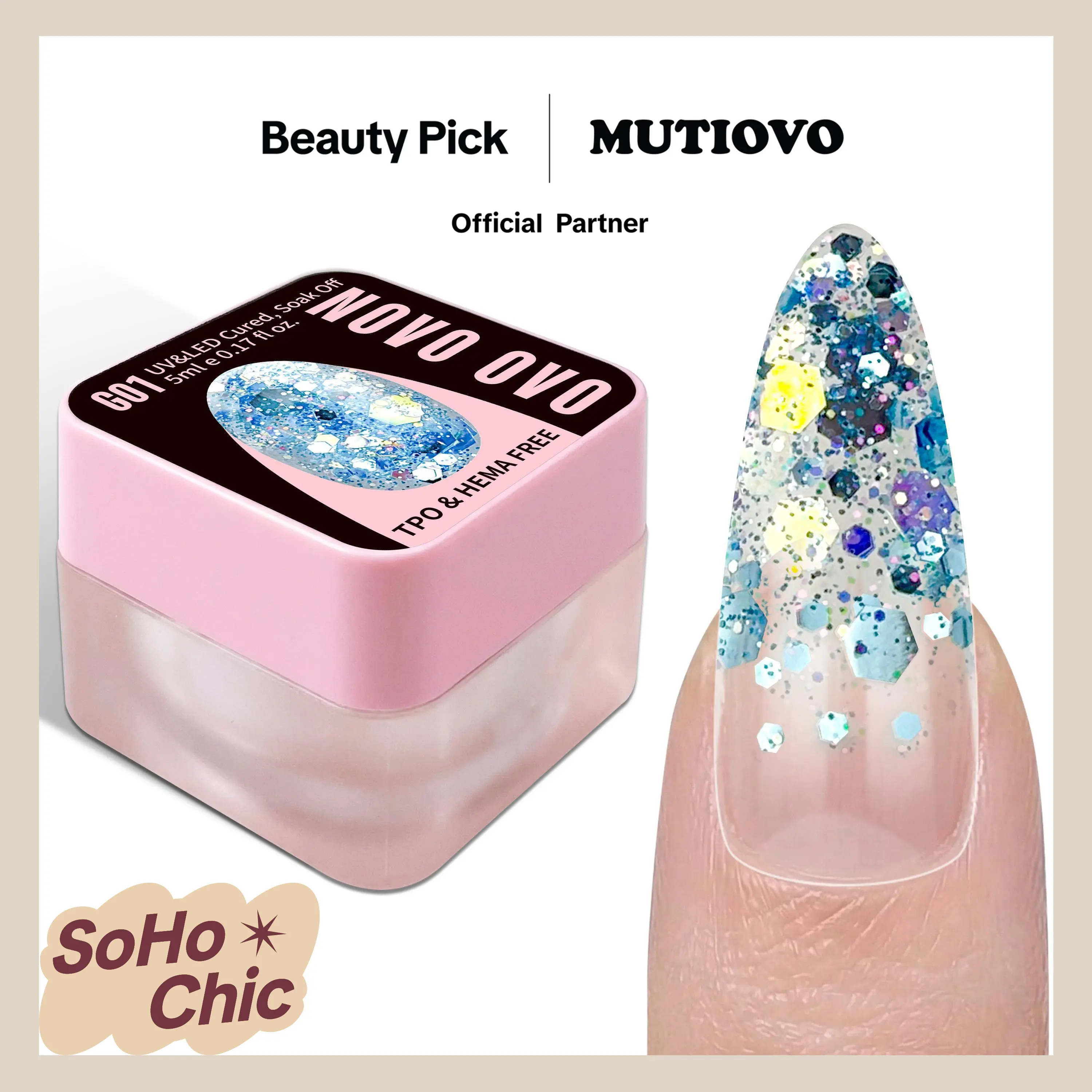 NOVO OVO Oceanic Mist Chunky Sparkle Gel Polish Bottle - TPO & HEMA-Free, Anti-Allergic Resin Formula, Iridescent Holographic Sequins, 5ml Fragrance-Free Soak-Off UV Cured Varnish, Nail Tech Supplies for DIY Nails at Home, Professional Beauty Gift
