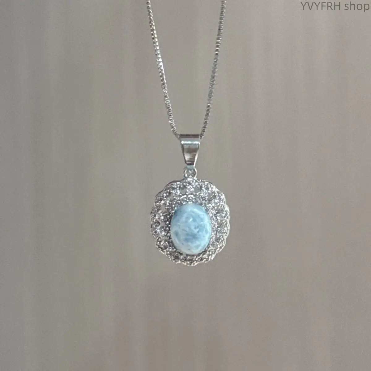 Natural Dominican Larimar Pendant Necklace For Women, Lace Frame Full Cubic Zirconia Inlaid Ocean Gemstone Clavicle Jewelry, Unique Niche High-End Healing Crystal Neck Accessory