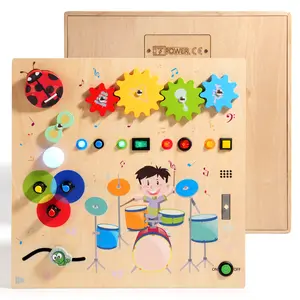 Happy Busy Board Montessori Wooden Busy Board with Multiple LED Light Switches Sensory Toy for Babies and Toddlers Over 1 Year Old Travel Toy