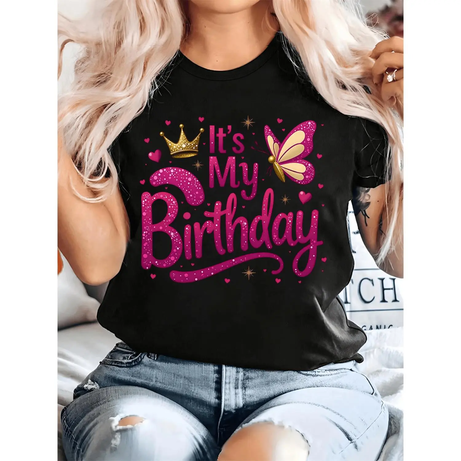 Women's It's My Birthday Glitter Graphic T-Shirt, Casual Short Sleeve Crew Neck Relaxed Fit Top