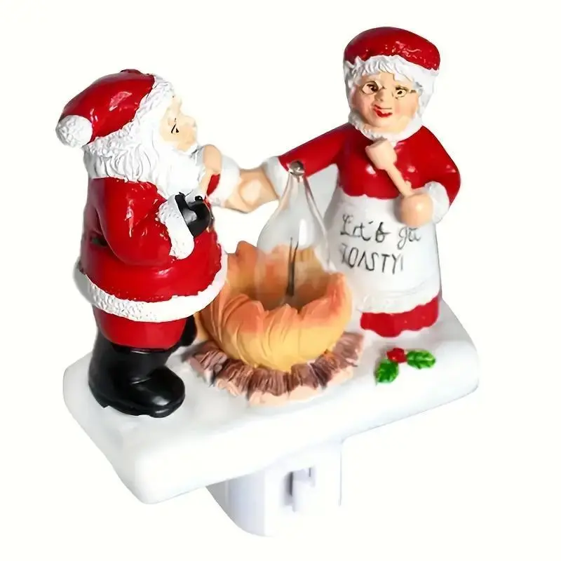 Resin Santa & Mrs. Claus Campfire Nightlight - Flickering Glow Effect, AC Power Supply, Plug-In Lamp with Bulb Included, Christmas Holiday Home Decoration Light