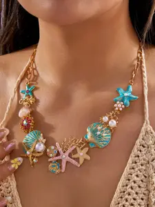 Hawaiian Tropical Island Vacation Style Vintage Enamel Bold Colorful Starfish Shell Coral Pearl Necklace, Retro Jewelry for Summer