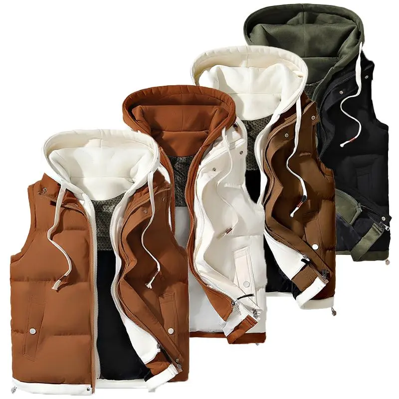 Men's Puffer Vest Top, Colorblock Street Style Woven Outerwear, Warm Hooded Quilted Gilet for Winter Casual Wear, No, Fitted