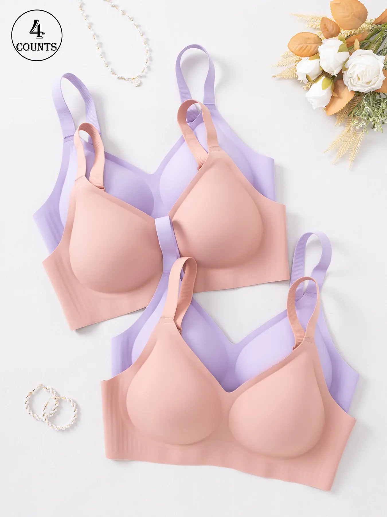 4-piece set of solid color seamless jelly women's bras, Seamless Wireless Supportive Bra, with hook closure and adjustable straps, wire-free support, comfortable, breathable, soft, skin-friendly, suitable for daily, casual, and work wear