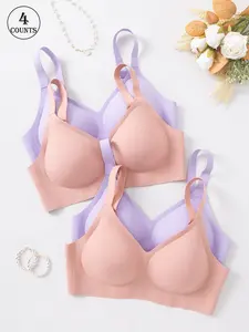 4-piece set of solid color seamless jelly women's bras, Seamless Wireless Bra, with hook closure and adjustable straps, wire-free support, comfortable, breathable, soft, skin-friendly, suitable for daily, casual, and work wear
