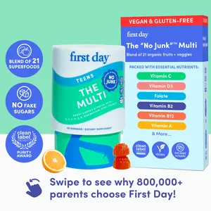First Day Teen Multivitamin Gummies Ages 13-17, Natural Orange Flavor — 21 Organic Superfoods, Vitamin C D3 B12 Magnesium Zinc — Focus, Mood, Immunity, Energy, Clear Skin — 30-Day Supply, Vegan, Gluten-Free, No Junk