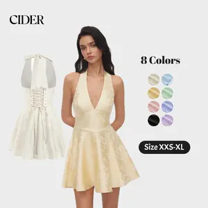 Cider Jacquard Sculptural Halter V-neck Lace Up Backless Ruffle Mini Dress Dealsforyou