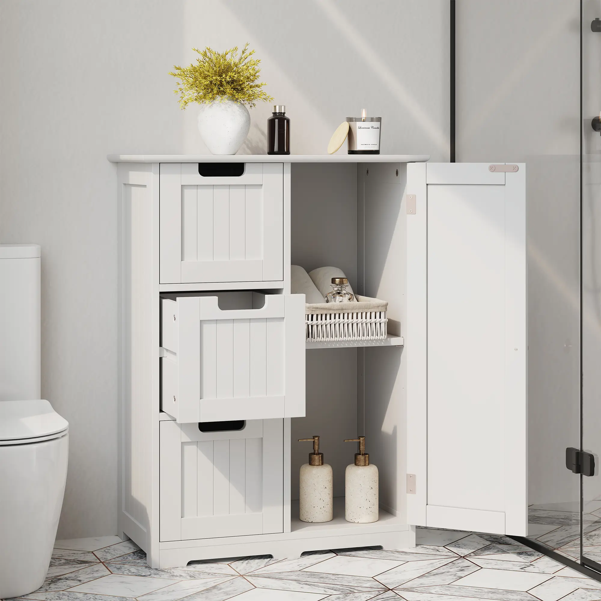 Sweetcrispy Modern White Wooden Floor Sideboard - Door-Enclosed Drawer Dresser with Adjustable Shelves, Freestanding Modern Accent Cabinet for Apartment Entryway & Bedroom Decor, Minimalist Decluttering Solution, Cabinet Enclosure Wooden Furniture