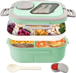 Adults Bento Lunch Box,Salad Container Large 43oz Salad Bowl, Bento-Style Tray for Toppings, 3oz Sauce Container for Dressings, and Built-In Reusable Fork (Green)