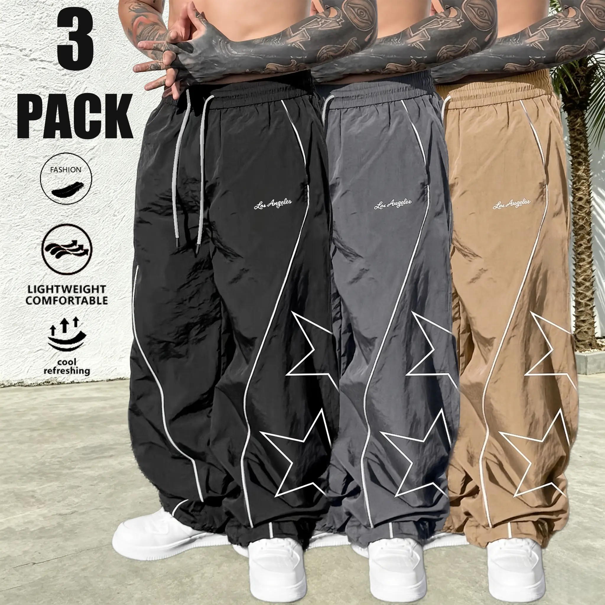 Men’s 3-Pack Stylish High-Street Softshell Drawstring Trousers - Polyester, White Side Stripes, Star Print, Hip-Hop Trend, Loose-Fitting Casual Fashion Pants, Outdoors Versatile Drapey Floor-Length Sporty Chic Graphic Long Pants
