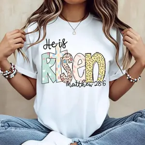 Women Casual T-Shirt White He Is Risen Matthew 28 6 Christian Religious Easter Spring Summer Outfit