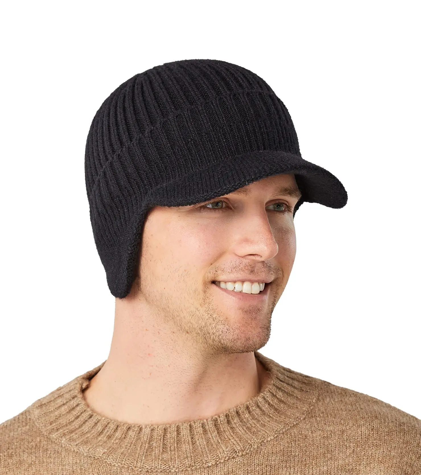 Men's Fleece-Lined Winter Beanie Hat with Visor and Earflaps, Warm Adjustable Knit Cap for Skiing & Outdoor Sports, Adjustable Cap Sports & Outdoor Hats