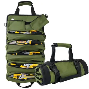 Portable Foldable Roll-Up Waterproof Tool Bag Organizer with 5 Compartments & 2 Detachable Pouches, Heavy-Duty Tool Pouch Bag, Dad Men Electrician Mechanic Gifts (Army green) Tool Storage Bag Tool Pockets