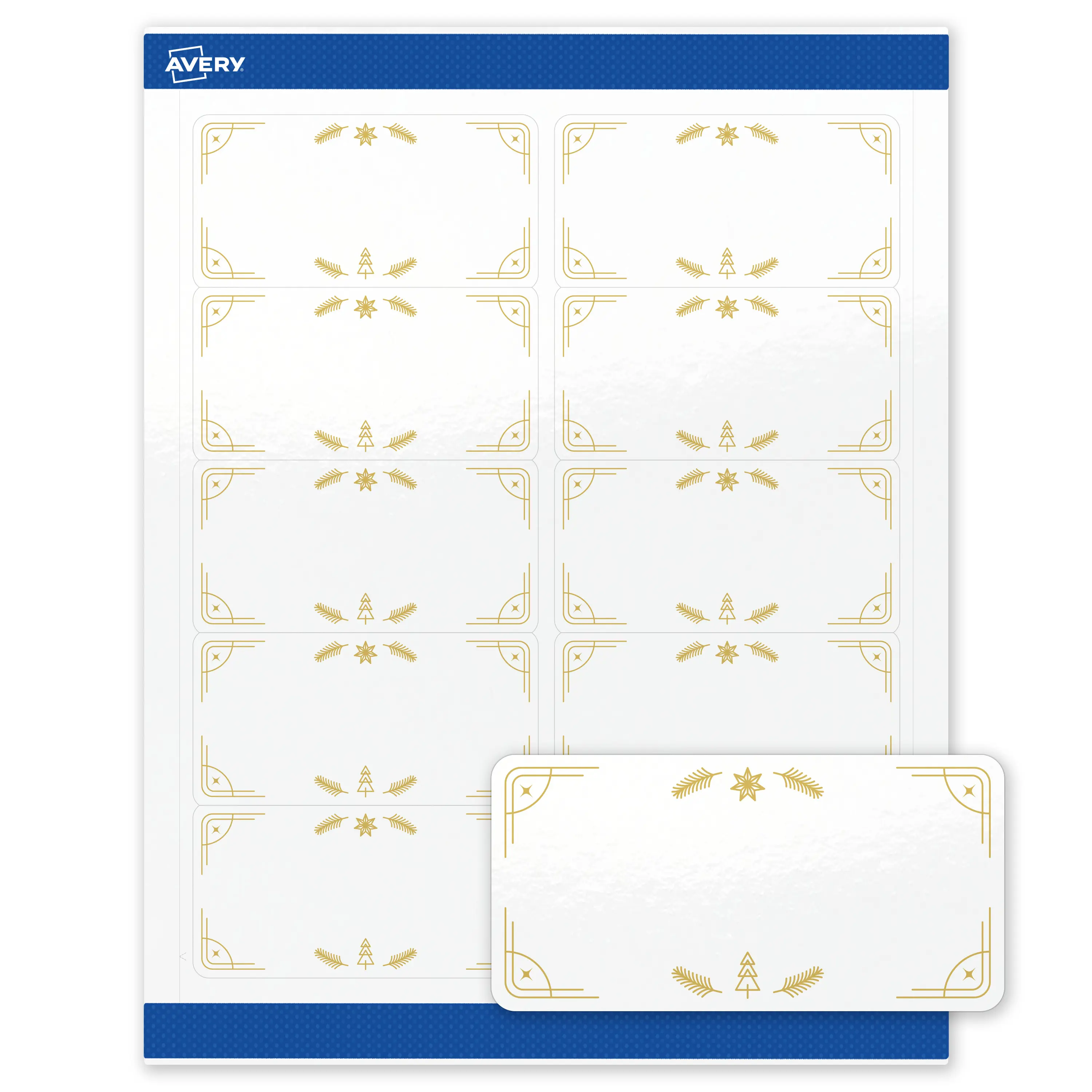 Avery® Printable Christmas Shipping Labels with Sure Feed® Technology, Rectangle, 2" x 4", Pre-Printed Metallic Gold Christmas Trees Design, Glossy White, Laser & Inkjet Compatible, 100 Total