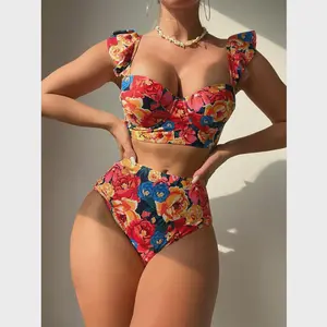 2024 Floral Print Swimsuit Women 2 Piece Ruffle Bikini Sexy Underwire Push Up Bathing Suit High Waist Swimwear Summer Beachwear