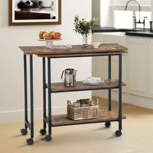 Homy Casa Joes Cart Rolling Cart - Mobile Narrow Storage Kitchen Cart on Wheels with 360° Rotating Side Table 3 Shelves for Home Organizer Trolley Metal Wooden Racks Fitting Brown Space-Saving 10-15 kg Capacity