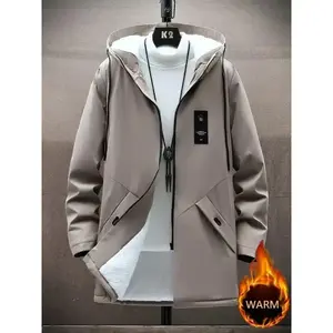 Men's Solid Fleece Jacket With Pockets, Casual Zip Up Long Sleeve Warm Hooded Coat For Winter Outdoor Activities