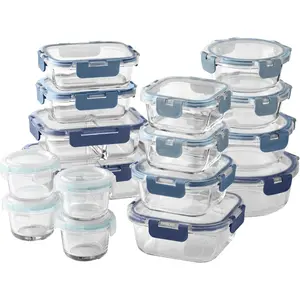 32-Pc. Borosilicate Glass Food Container Set with Dividers - 4 Rectangles, 8 Rounds, 4 Squares - Leakproof Lids - Meal Prep, Storage, Ombre Blue