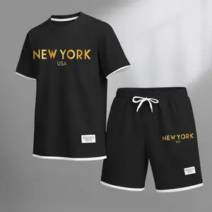 Men's Golden New York Print Waffle Fabric Short-Sleeved Shirt And Shorts Set