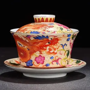 Luxury Red Dragon Ceramic Gaiwan Tea Set - Traditional Chinese Teacup with Lid & Saucer | Intricate Enamel Floral Pattern for Tea Ceremony