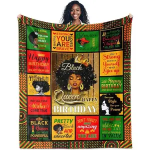 Happy Birthday Afro American Woman Blanket Ultra Soft Flannel Cozy Warm Bedroom Couch Sofa Throw Decor Decorative Throw Perfect Birthday Gift Christmas Gift for Black Women Girls African American Sister Friend Melanin Queens Style