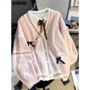 Sweet bow knit cardigan Y2k aesthetic full match contrasting color jacket fashionable single breasted women's Kawaii JK sweater jumper can be paired with raincoatRAIMENTRY