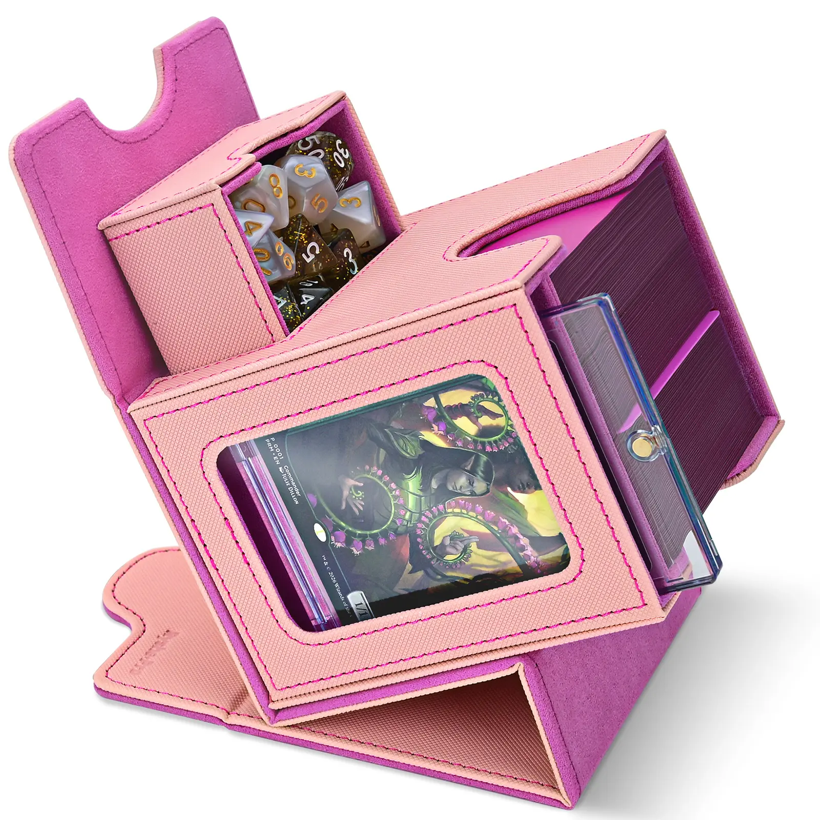Card Deck Box for MTG with Display Window, Commander Deck Box Fits 100+ Double-Sleeved Cards, Magnetic Closure Card Storage Box with Divider, Dice Tray and 35PT Toploader